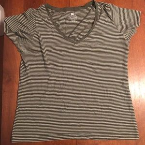 Pact Green Striped V-Neck T-Shirt